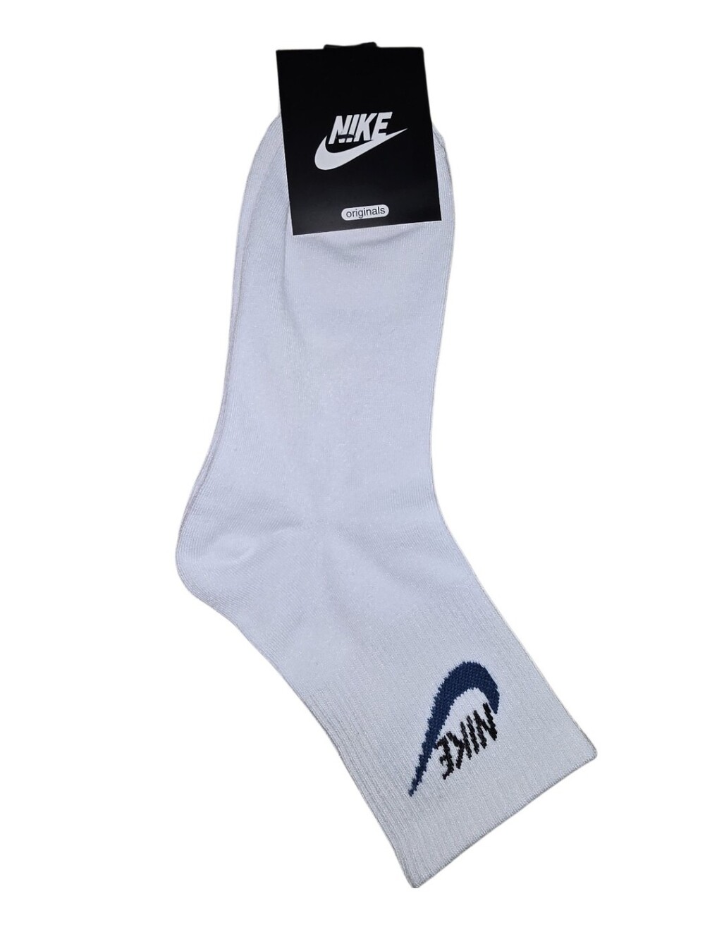 Nike White Crew Athletic Socks with Navy Swoosh